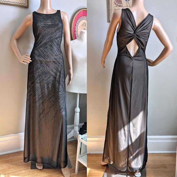 Vintage 90s LA Glo Prom Gown Black Glitter Semi Sheer Whimsygoth Dress Size M - Picture 2 of 15
